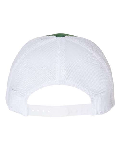 Yupoong 6606 snapback trucker hat in Evergreen/ White, back view.