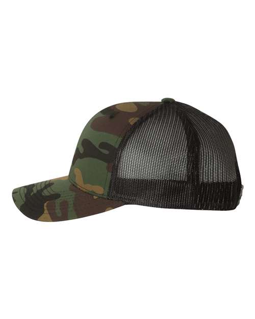 Yupoong 6606 snapback trucker hat in Green Camo/ Black, angled side view.