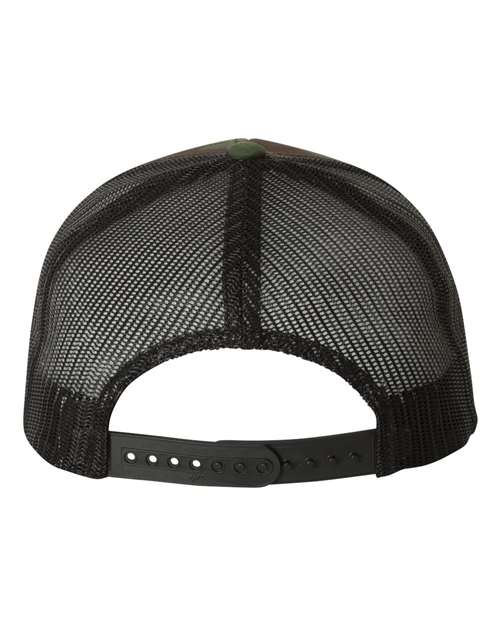 Yupoong 6606 snapback trucker hat in Green Camo/ Black, back view.