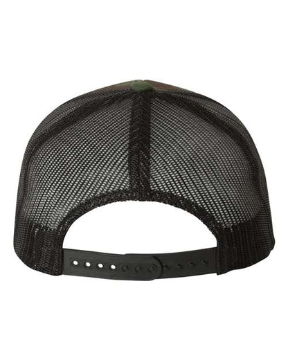 Yupoong 6606 snapback trucker hat in Green Camo/ Black, back view.