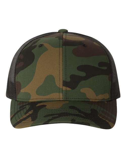 Yupoong 6606 snapback trucker hat in Green Camo/ Black, front view.