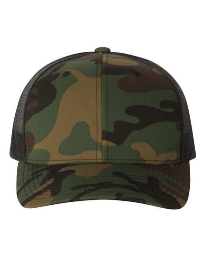 Yupoong 6606 snapback trucker hat in Green Camo/ Black, front view.