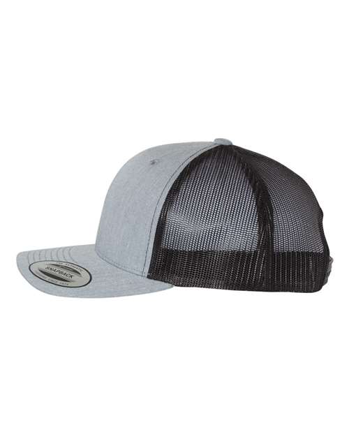 Yupoong 6606 snapback trucker hat in Heather Grey/ Black, angled side view.