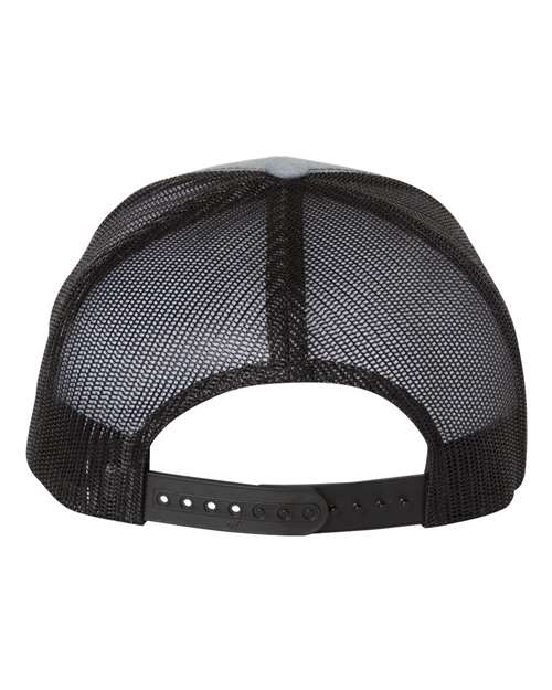 Yupoong 6606 snapback trucker hat in Heather Grey/ Black, back view.
