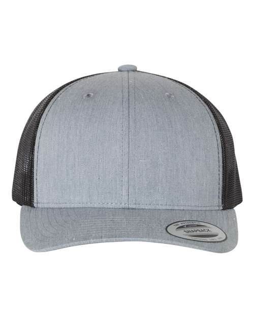 Yupoong 6606 snapback trucker hat in Heather Grey/ Black, front view.