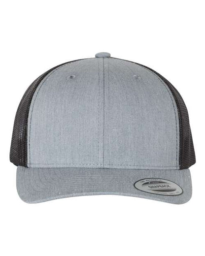Yupoong 6606 snapback trucker hat in Heather Grey/ Black, front view.
