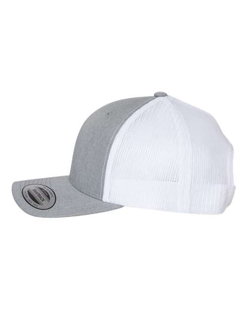 Yupoong 6606 snapback trucker hat in Heather Grey/ White, angled side view.