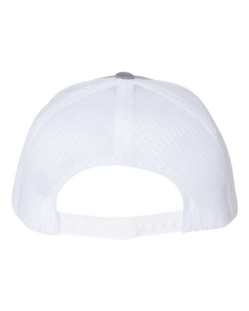 Yupoong 6606 snapback trucker hat in Heather Grey/ White, back view.