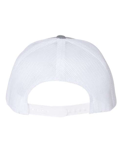 Yupoong 6606 snapback trucker hat in Heather Grey/ White, back view.