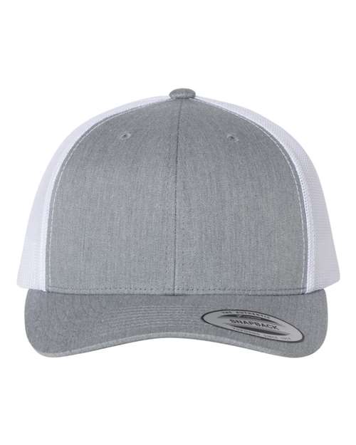 Yupoong 6606 snapback trucker hat in Heather Grey/ White, front view.