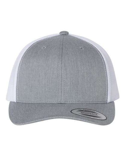 Yupoong 6606 snapback trucker hat in Heather Grey/ White, front view.
