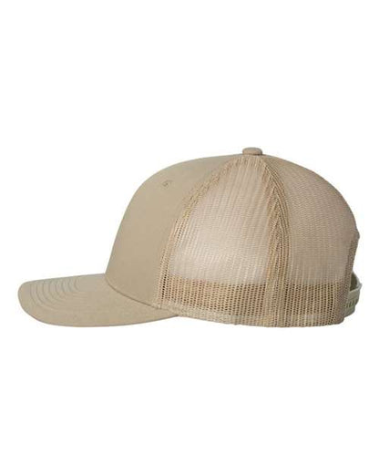 Yupoong 6606 snapback trucker hat in Khaki, angled side view.
