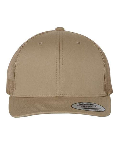 Yupoong 6606 snapback trucker hat in Khaki, front view.