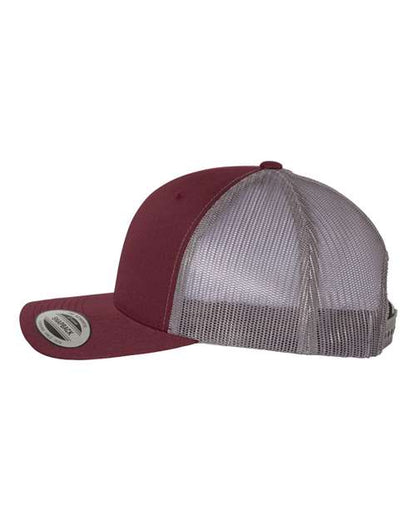 Yupoong 6606 snapback trucker hat in Maroon/ Grey, angled side view.