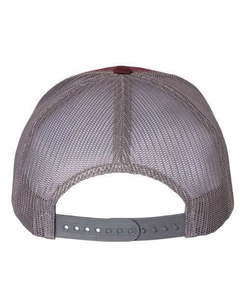 Yupoong 6606 snapback trucker hat in Maroon/ Grey, back view.