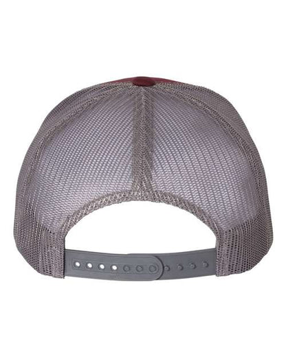 Yupoong 6606 snapback trucker hat in Maroon/ Grey, back view.