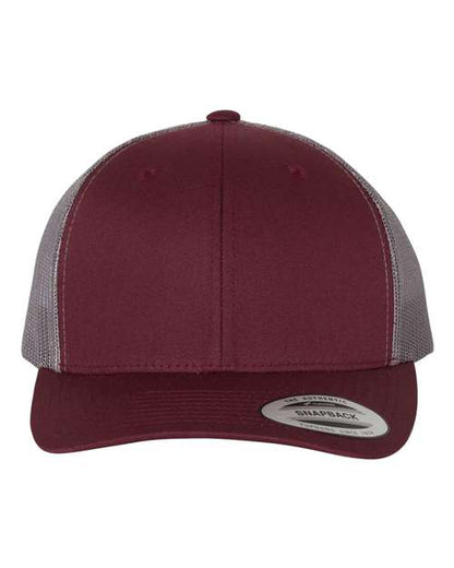 Yupoong 6606 snapback trucker hat in Maroon/ Grey, front view.
