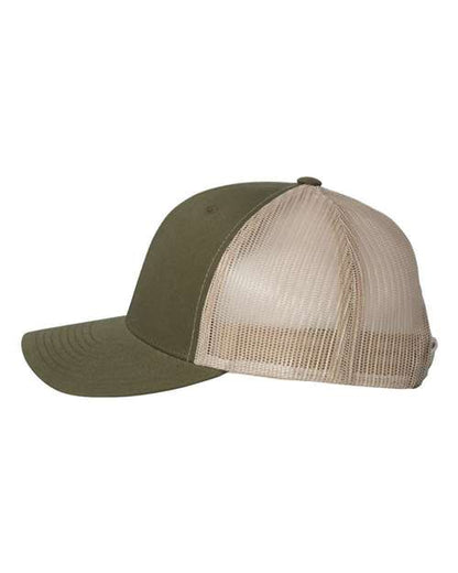 Yupoong 6606 snapback trucker hat in Moss/ Khaki, angled side view.