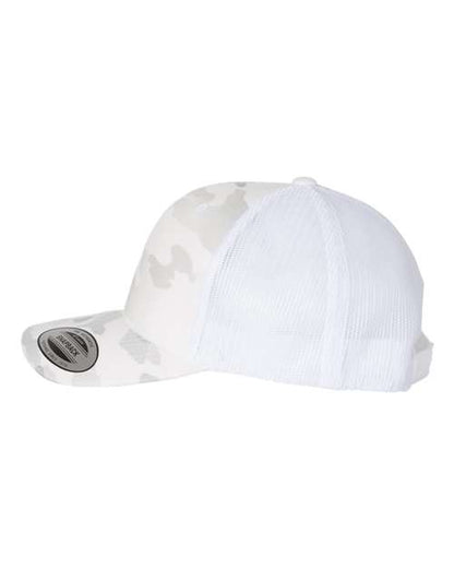 Yupoong 6606 snapback trucker hat in Multicam Alpine/ White, angled side view.