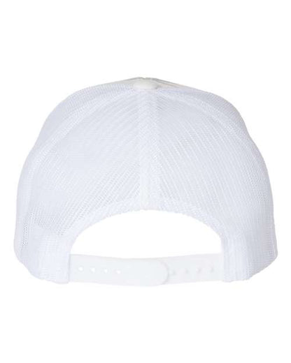Yupoong 6606 snapback trucker hat in Multicam Alpine/ White, back view.