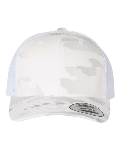 Yupoong 6606 snapback trucker hat in Multicam Alpine/ White, front view.