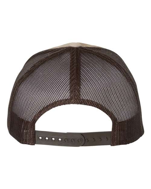 Yupoong 6606 snapback trucker hat in Multicam Arid/ Brown, back view.