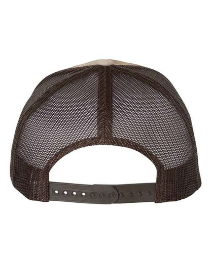 Yupoong 6606 snapback trucker hat in Multicam Arid/ Brown, back view.