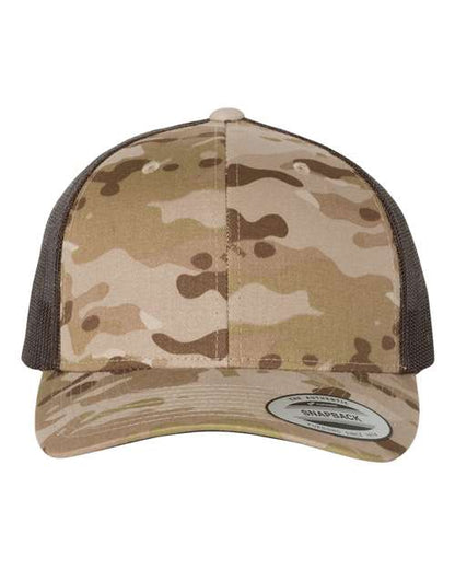 Yupoong 6606 snapback trucker hat in Multicam Arid/ Brown, front view.