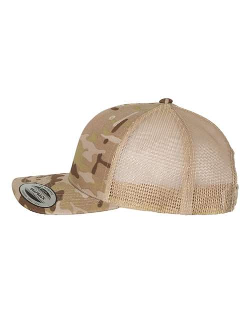 Yupoong 6606 snapback trucker hat in Multicam Arid/ Tan, angled side view.