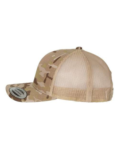 Yupoong 6606 snapback trucker hat in Multicam Arid/ Tan, angled side view.