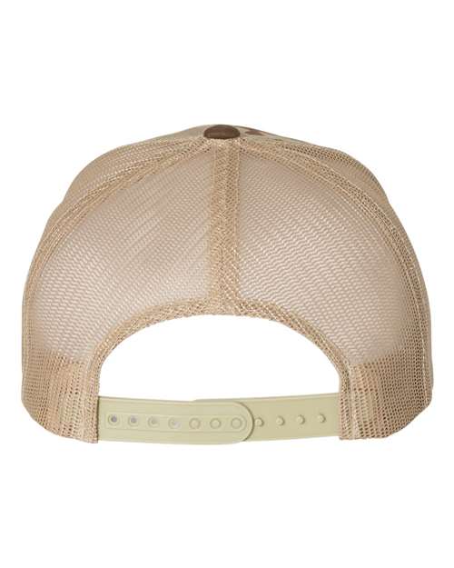 Yupoong 6606 snapback trucker hat in Multicam Arid/ Tan, back view.