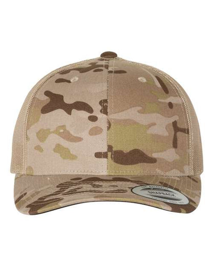 Yupoong 6606 snapback trucker hat in Multicam Arid/ Tan, front view.