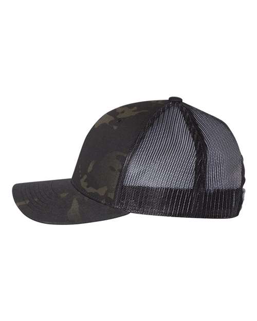 Yupoong 6606 snapback trucker hat in Multicam Black/ Black, angled side view.