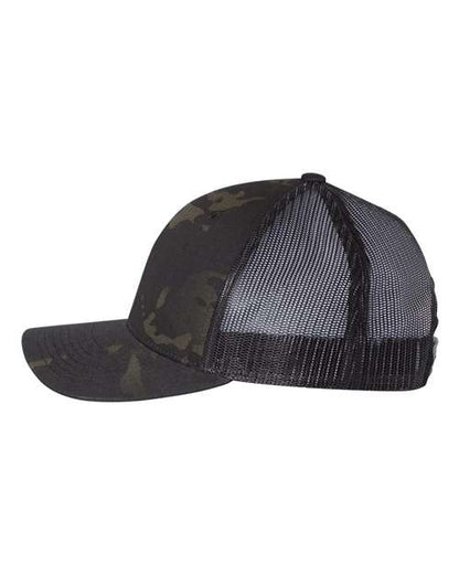 Yupoong 6606 snapback trucker hat in Multicam Black/ Black, angled side view.