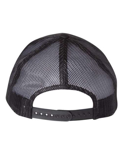 Yupoong 6606 snapback trucker hat in Multicam Black/ Black, back view.