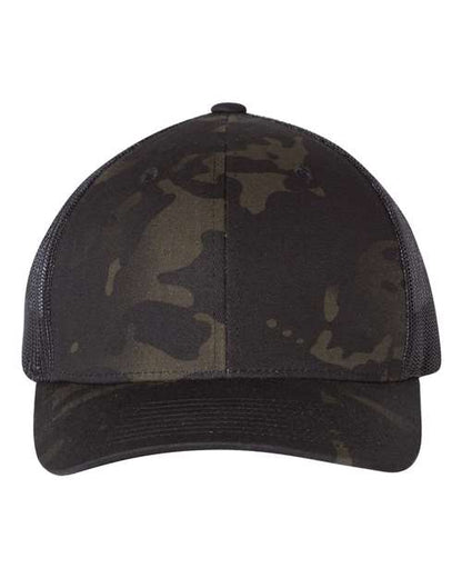Yupoong 6606 snapback trucker hat in Multicam Black/ Black, front view.