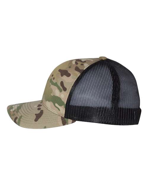 Yupoong 6606 snapback trucker hat in Multicam Green/ Black, angled side view.