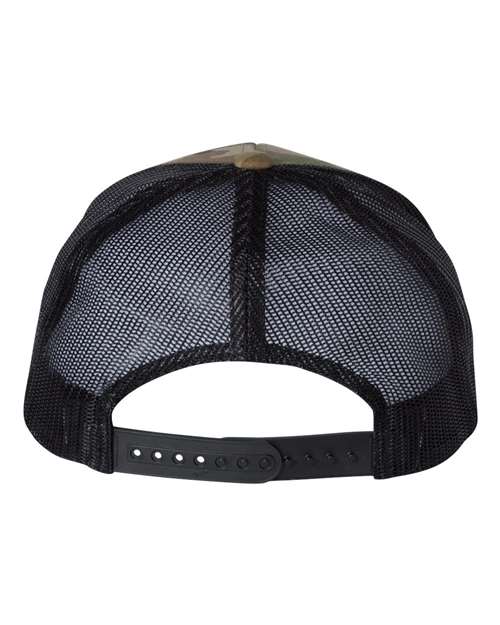 Yupoong 6606 snapback trucker hat in Multicam Green/ Black, back view.