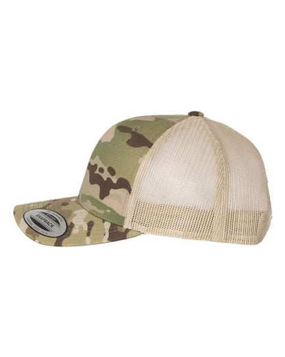 Yupoong 6606 snapback trucker hat in Multicam Green/ Khaki, angled side view.
