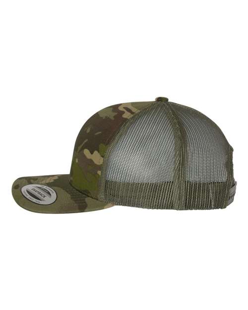 Yupoong 6606 snapback trucker hat in Multicam Tropic/ Green, angled side view.