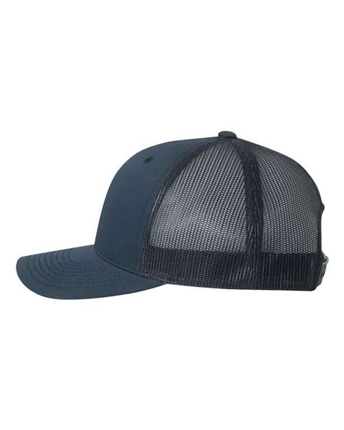 Yupoong 6606 snapback trucker hat in Navy, angled side view.