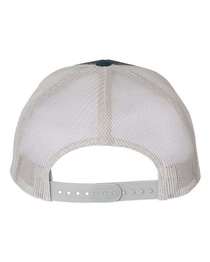 Yupoong 6606 snapback trucker hat in Navy/ Silver, back view.