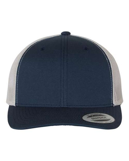 Yupoong 6606 snapback trucker hat in Navy/ Silver, front view.