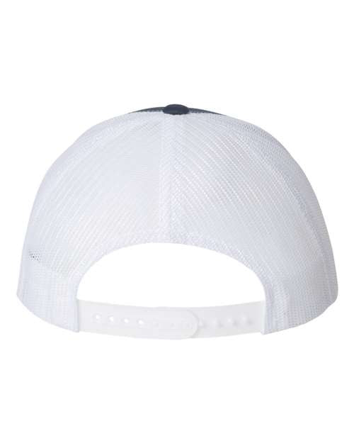 Yupoong 6606 snapback trucker hat in Navy/ White, back view.