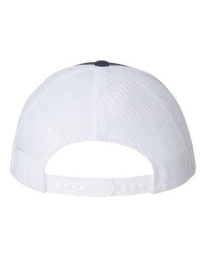 Yupoong 6606 snapback trucker hat in Navy/ White, back view.