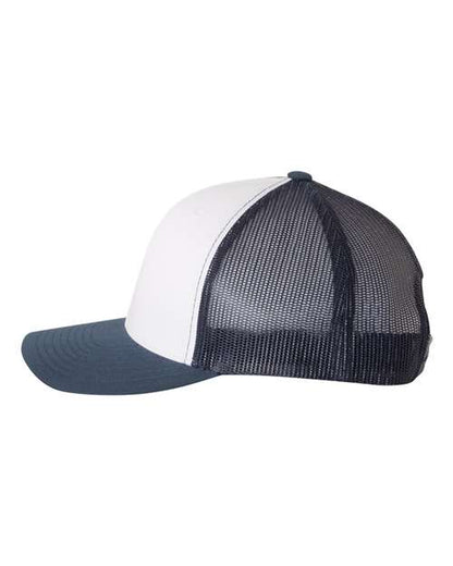 Yupoong 6606 snapback trucker hat in Navy/ White/ Navy, angled side view.