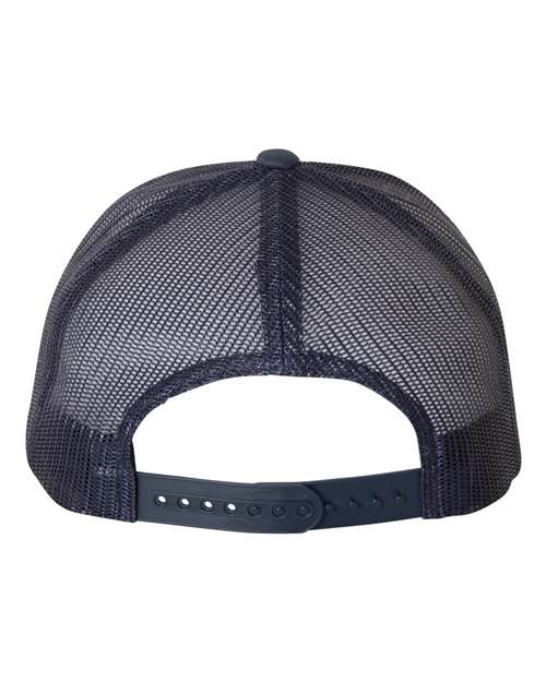 Yupoong 6606 snapback trucker hat in Navy/ White/ Navy, back view.