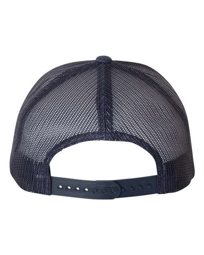 Yupoong 6606 snapback trucker hat in Navy/ White/ Navy, back view.