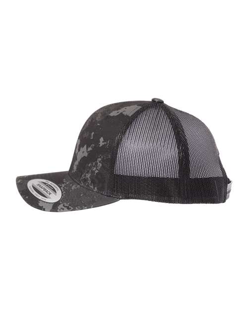 Yupoong 6606 snapback trucker hat in Poseidon Black, angled side view.