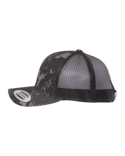 Yupoong 6606 snapback trucker hat in Poseidon Black, angled side view.